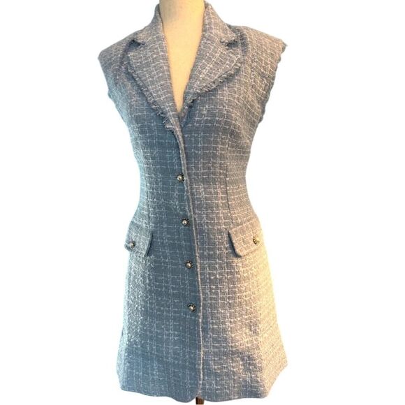 NWOT Maeve by ANTHROPOLOGIE Button Shirt Dress Tweed Light Blue Lined 2 Petite - Picture 2 of 12